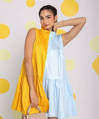 Colour block yellow and ice blue summer short mini 100% cotton summer dress 4
