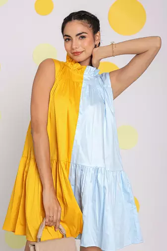 Colour block yellow and ice blue summer short mini 100% cotton summer dress