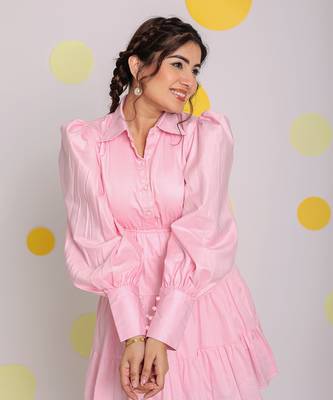 Baby pink bust fitted balloon sleeves 100% cotton summer mini dress 5