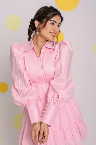Baby pink bust fitted balloon sleeves 100% cotton summer mini dress
