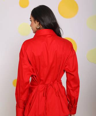 Red summer waist fitted with back tie up collared 100% cotton shirt 6