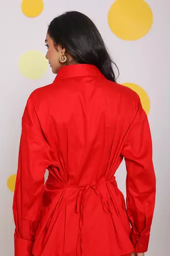 Red summer waist fitted with back tie up collared 100% cotton shirt
