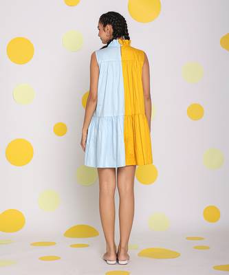 Colour block yellow and ice blue summer short mini 100% cotton summer dress 5
