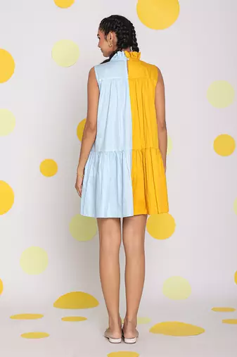 Colour block yellow and ice blue summer short mini 100% cotton summer dress