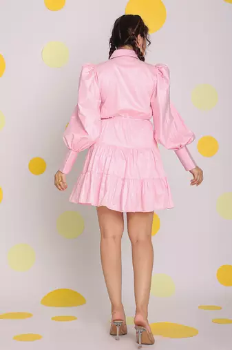 Baby pink bust fitted balloon sleeves 100% cotton summer mini dress