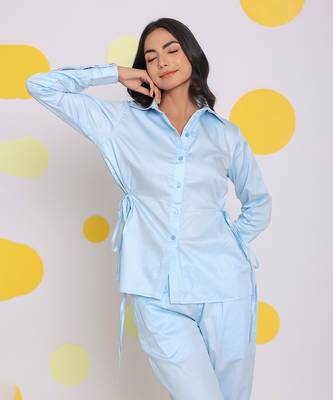Sky blue summer relaxed collared 100% cotton shirt with side tie ups 1