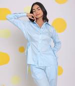 Sky blue summer relaxed collared 100% cotton shirt with side tie ups