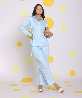 Sky blue summer relaxed collared 100% cotton shirt with side tie ups 3