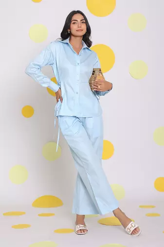 Sky blue summer relaxed collared 100% cotton shirt with side tie ups