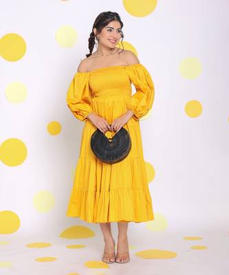 Yellow off shoulder puff sleeve bust fitted summer midi dress 1