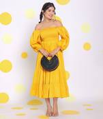 Yellow off shoulder puff sleeve bust fitted summer midi dress
