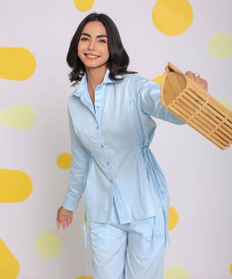 Sky blue summer relaxed collared 100% cotton shirt with side tie ups 4