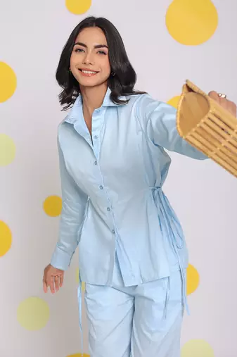 Sky blue summer relaxed collared 100% cotton shirt with side tie ups