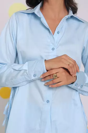 Sky blue summer relaxed collared 100% cotton shirt with side tie ups