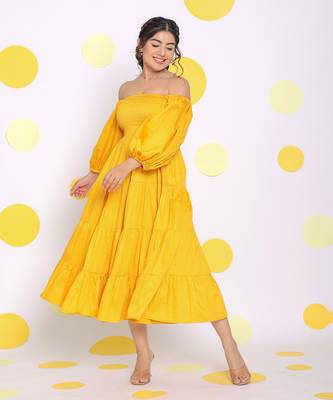 Yellow off shoulder puff sleeve bust fitted summer midi dress 3