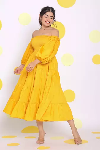 Yellow off shoulder puff sleeve bust fitted summer midi dress