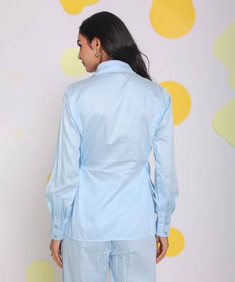 Sky blue summer relaxed collared 100% cotton shirt with side tie ups 6