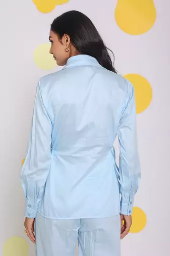 Sky blue summer relaxed collared 100% cotton shirt with side tie ups
