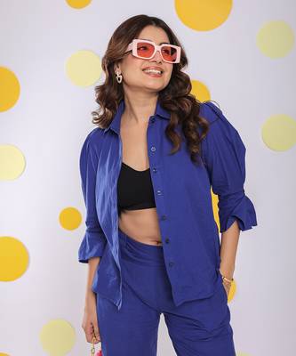 Royal blue summer relaxed collared formal linen shirt 1