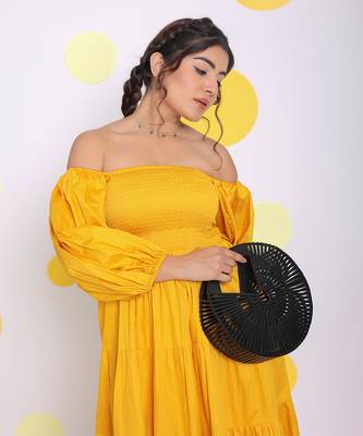Yellow off shoulder puff sleeve bust fitted summer midi dress 4