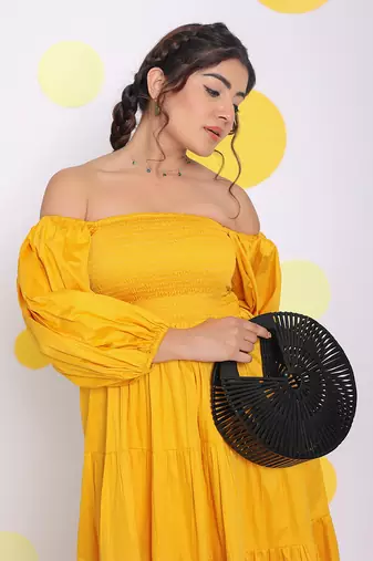 Yellow off shoulder puff sleeve bust fitted summer midi dress