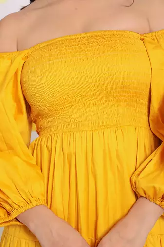 Yellow off shoulder puff sleeve bust fitted summer midi dress