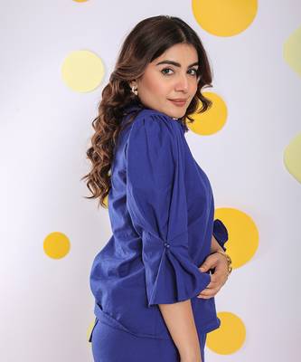 Royal blue summer relaxed collared formal linen shirt 3