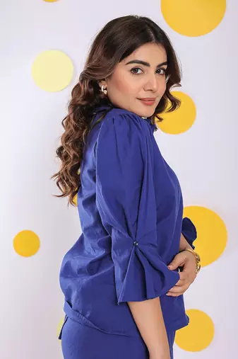 Royal blue summer relaxed collared formal linen shirt