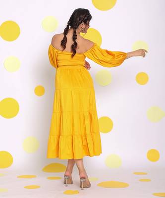 Yellow off shoulder puff sleeve bust fitted summer midi dress 6