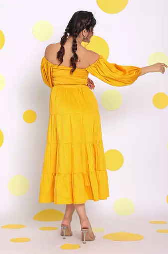 Yellow off shoulder puff sleeve bust fitted summer midi dress
