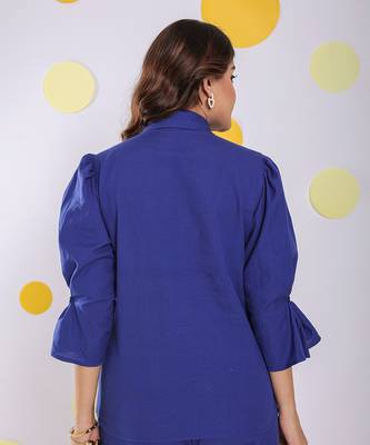 Royal blue summer relaxed collared formal linen shirt 5