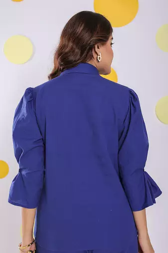 Royal blue summer relaxed collared formal linen shirt