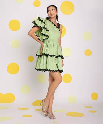 Mint green one shoulder frilled bust fitted scatter midi dress 1