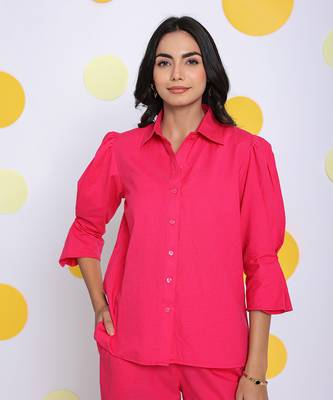 Hot pink summer relaxed collared formal linen shirt 1