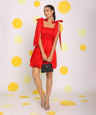 Red short mini skater summer dress with shoulder tie ups 1