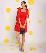 Red short mini skater summer dress with shoulder tie ups