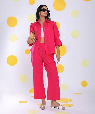 Hot pink summer relaxed collared formal linen shirt 2