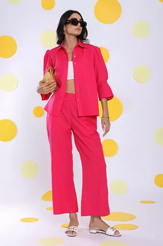 Hot pink summer relaxed collared formal linen shirt