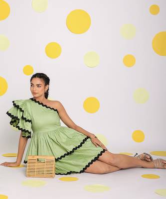 Mint green one shoulder frilled bust fitted scatter midi dress 3