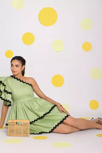 Mint green one shoulder frilled bust fitted scatter midi dress