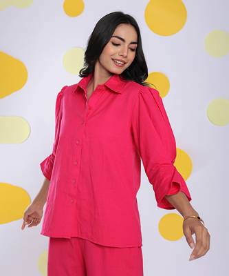 Hot pink summer relaxed collared formal linen shirt 3