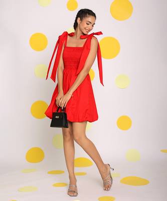 Red short mini skater summer dress with shoulder tie ups 3