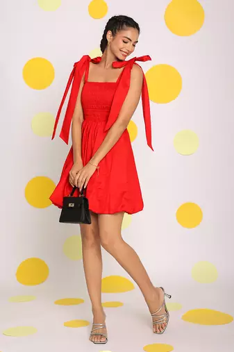 Red short mini skater summer dress with shoulder tie ups
