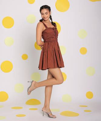 Coffee brown bust fitted 100% cotton party wear mini dress 3