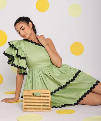 Mint green one shoulder frilled bust fitted scatter midi dress 4