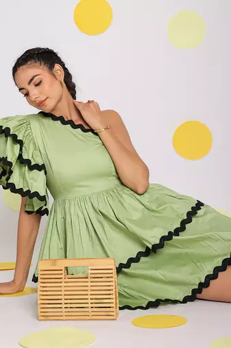 Mint green one shoulder frilled bust fitted scatter midi dress
