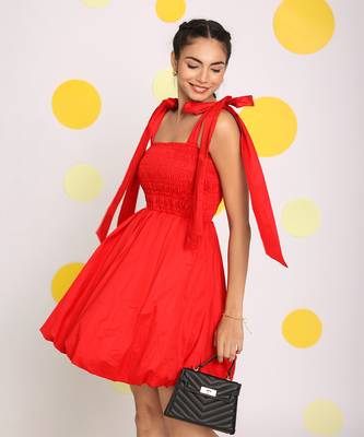 Red short mini skater summer dress with shoulder tie ups 4