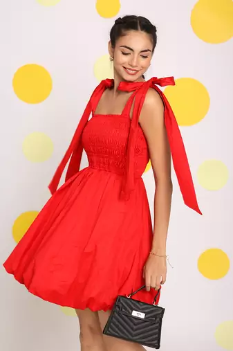 Red short mini skater summer dress with shoulder tie ups