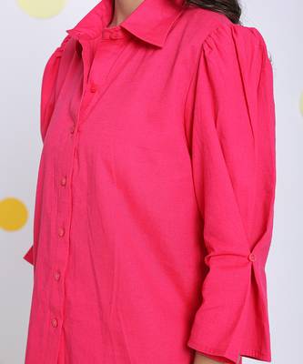 Hot pink summer relaxed collared formal linen shirt 4