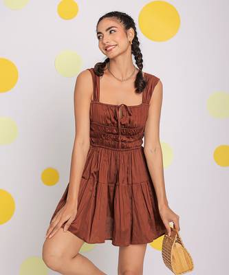 Coffee brown bust fitted 100% cotton party wear mini dress 4